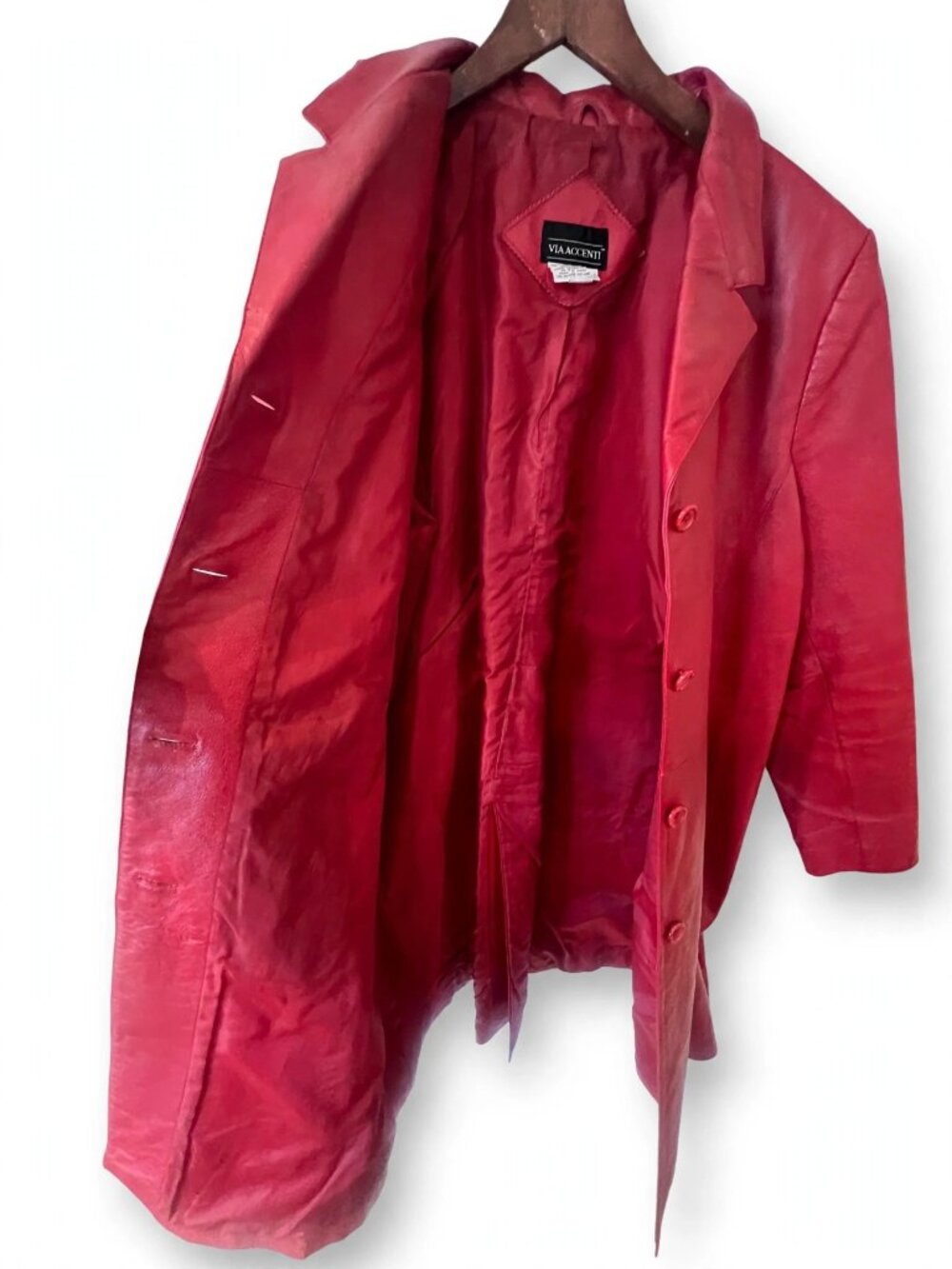 Via Accenti Red Genuine Leather Trench Coat 22W Button Front - Picture 4 of 8
